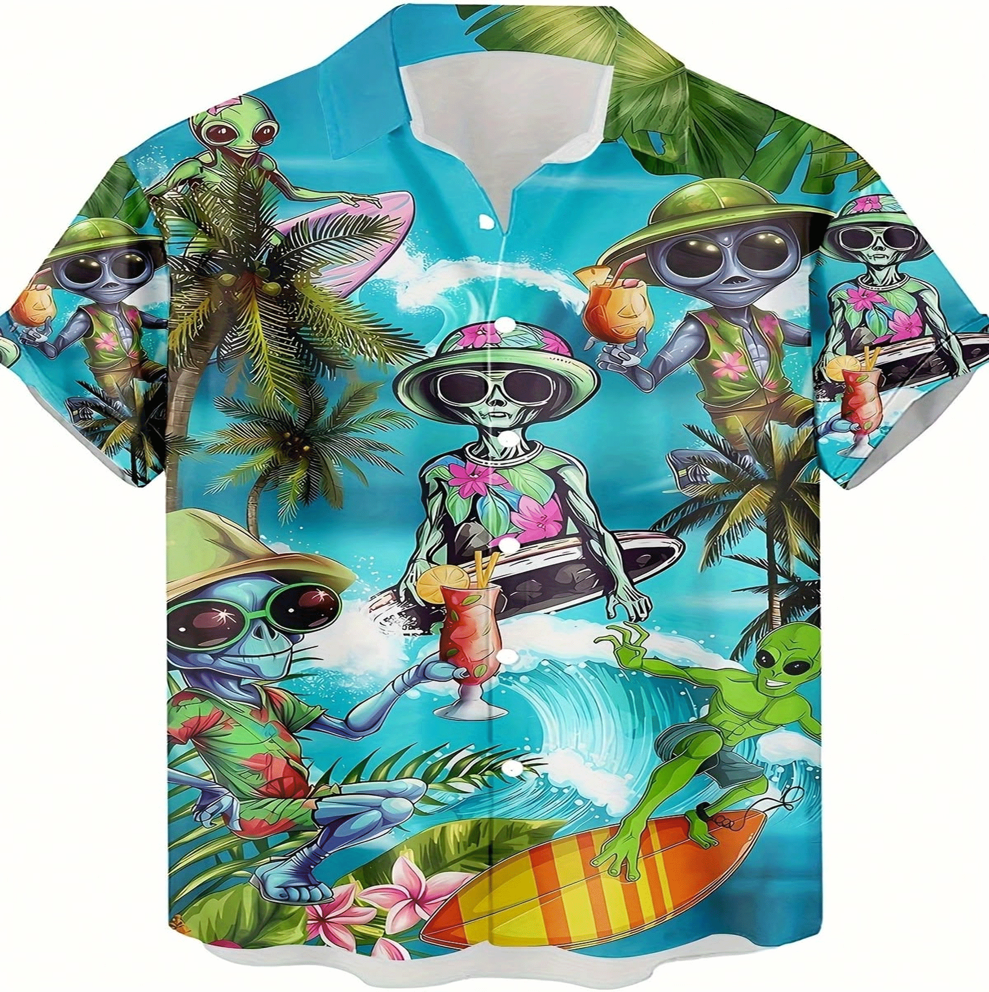 Funny Alien Surfing Hawaiian Shirt  Tropical UFO Aloha Button Down Summer Beach Party Shirt