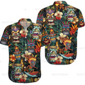 Funny Tiki Mask Shirt, Mens Floral Hawaiian Novelty Button Down