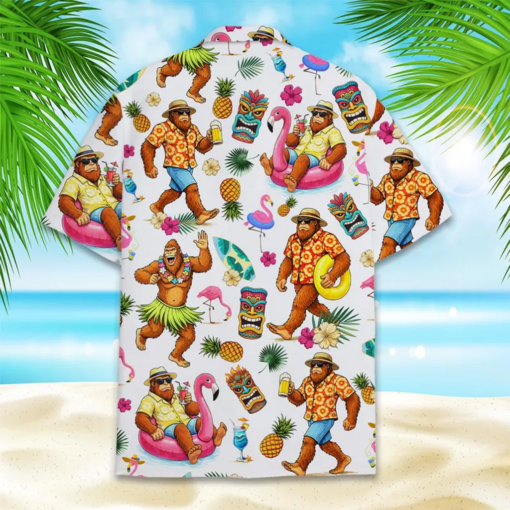 Bigfoot Tiki Hawaiian Shirt,  Flamingo Tropical Funny Aloha Beach Shirt