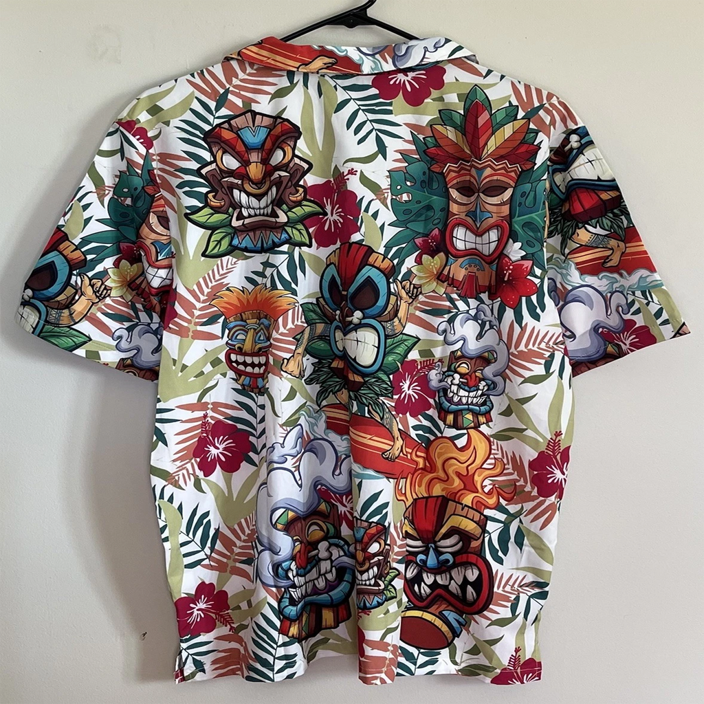 Tiki Mask Floral Hawaiian Shirt, Mens Funny Novelty Button Down Shirt