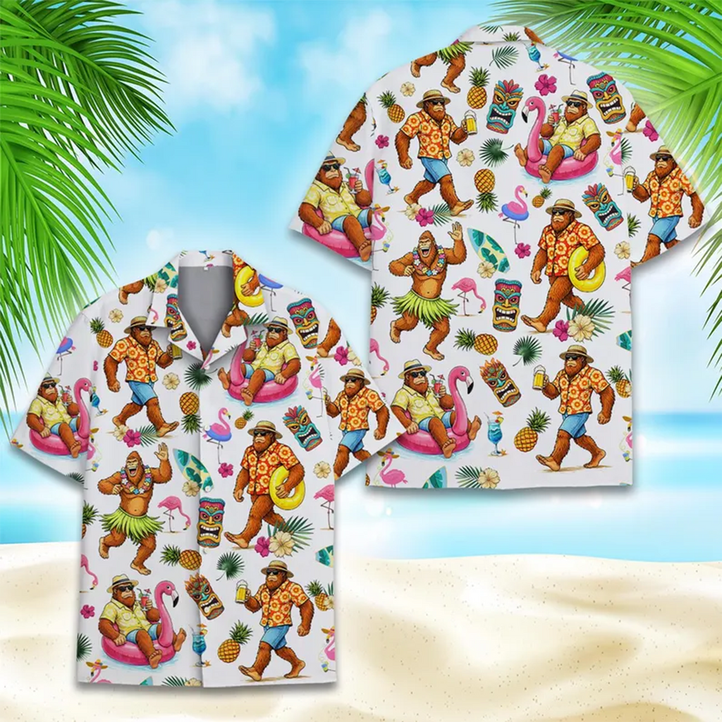 Bigfoot Tiki Hawaiian Shirt,  Flamingo Tropical Funny Aloha Beach Shirt