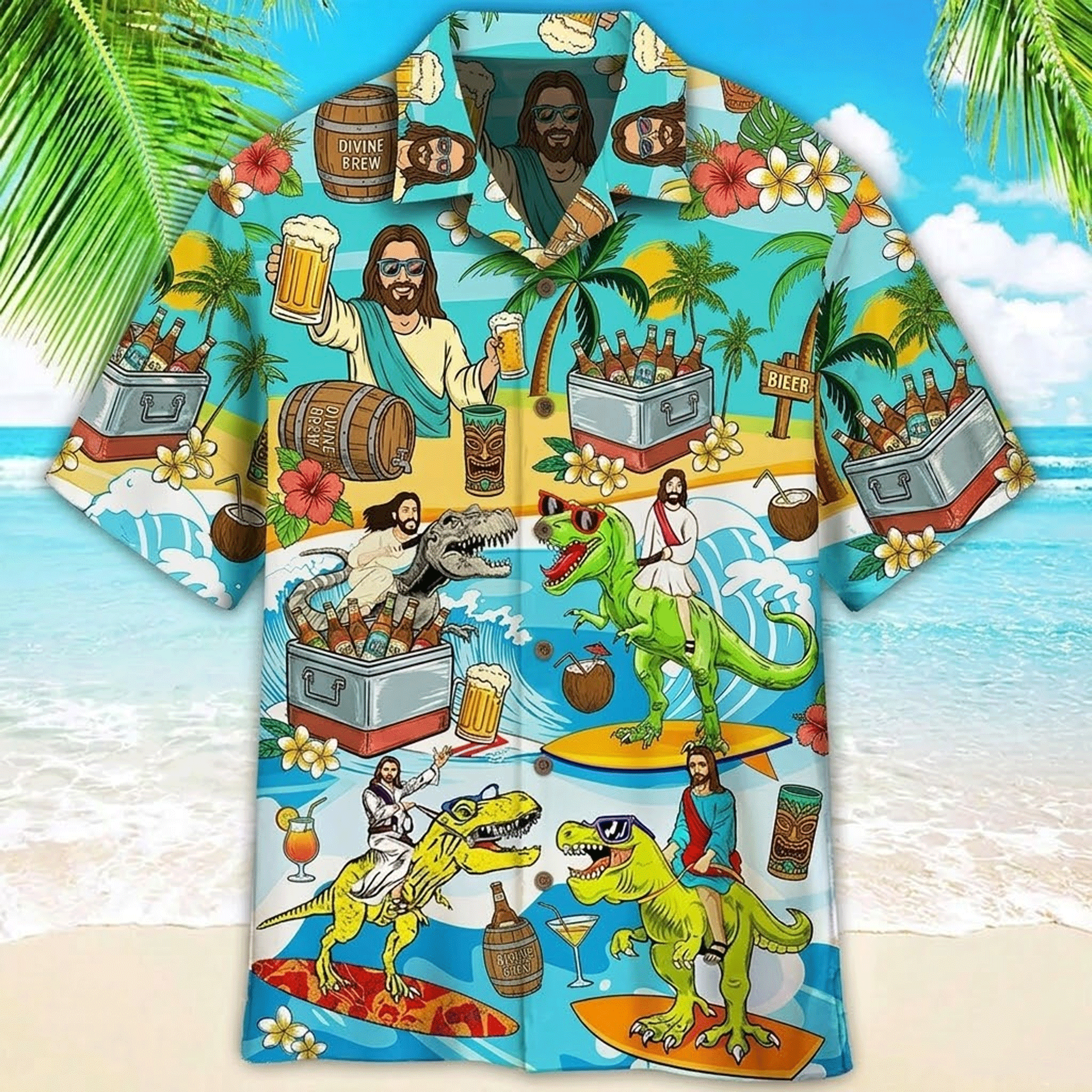 Funny Jesus Riding Dinosaur Hawaiian Shirt Beer Aloha Button Down Summer Outfit That Gets Laughs