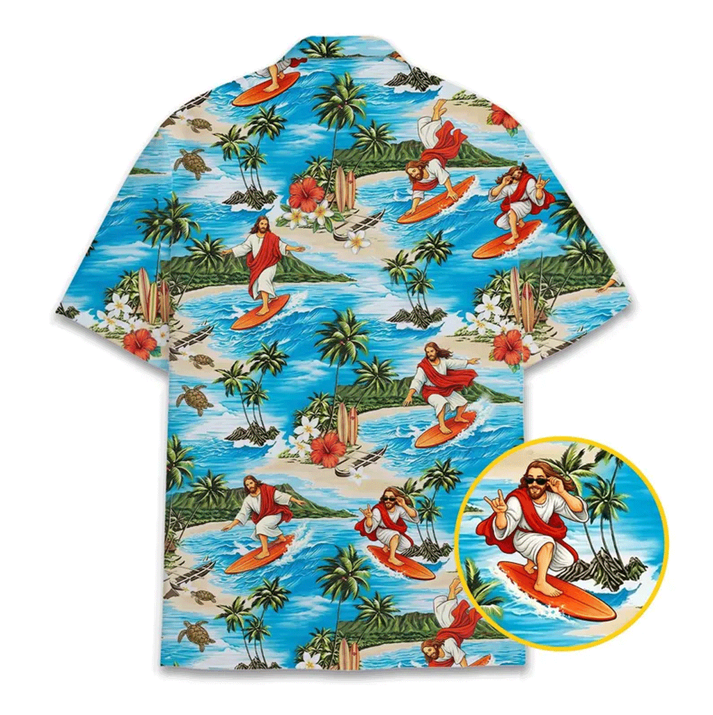 Funny Surfing Jesus Hawaiian Shirt  Christian Aloha Button Down Summer Beach Outfit That Stands Out
