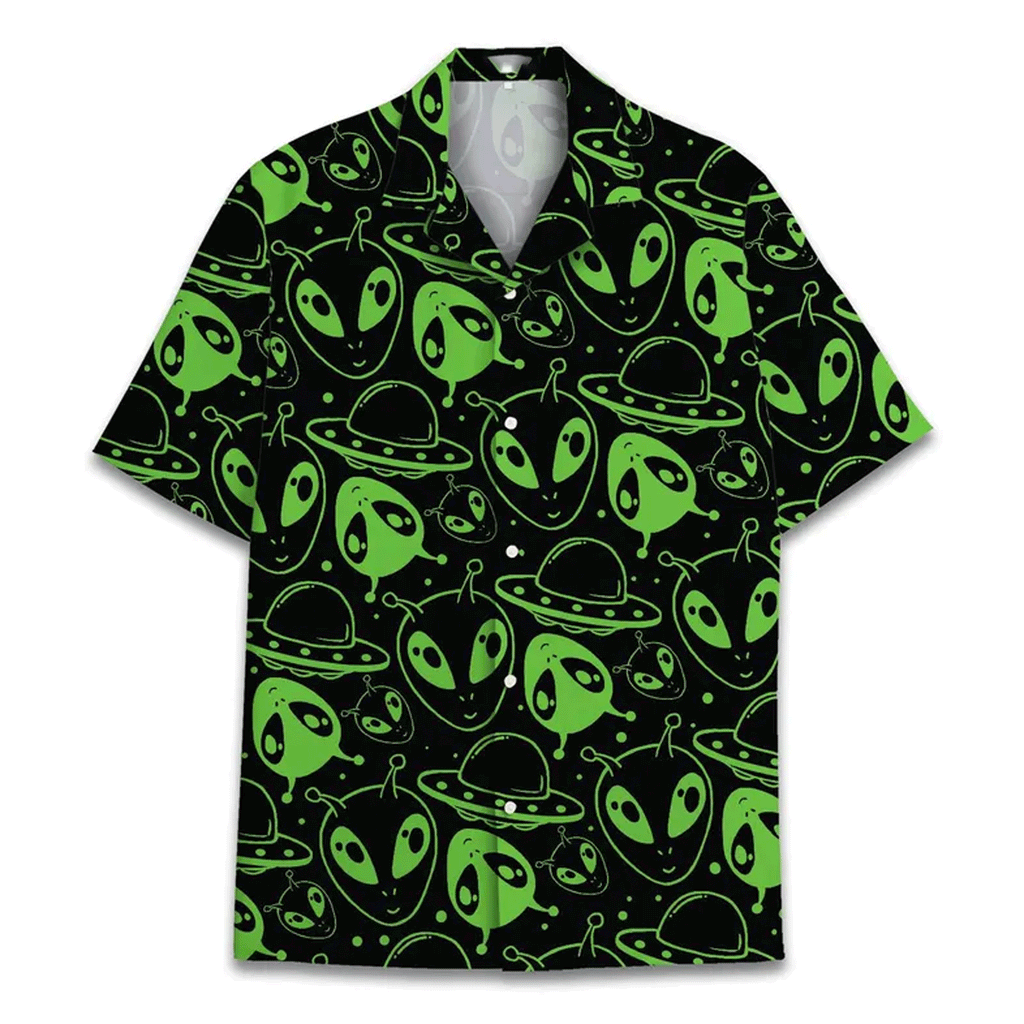 Vintage 80s Alien UFO Hawaiian Shirt  Retro Space Aloha Button Down Tropical Beach Shirt for Men