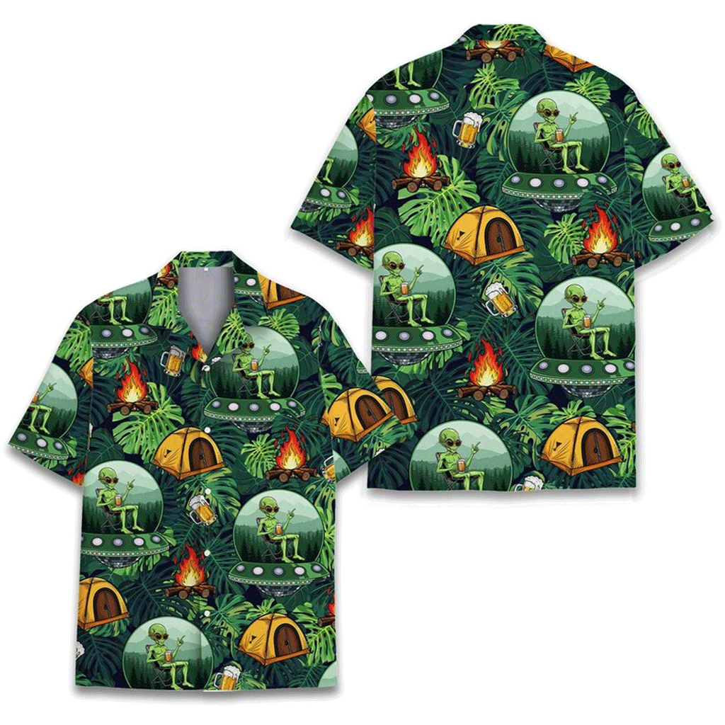 Funny Alien Camping Hawaiian Shirt  UFO Beer Bonfire Aloha Button Down Summer Outfit That Gets Laughs
