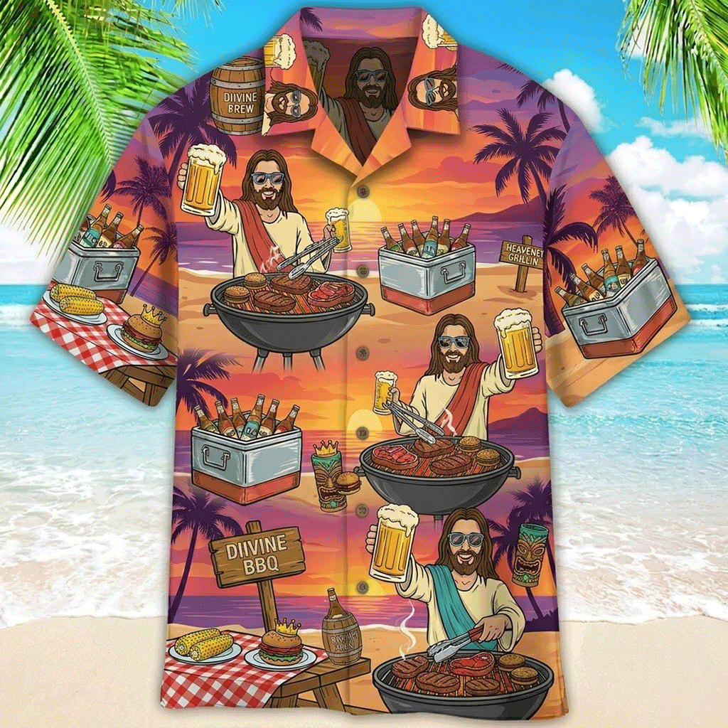 Funny Jesus BBQ Hawaiian Shirt  Beer Grill Aloha Button Down Summer Outfit That Gets Laughs