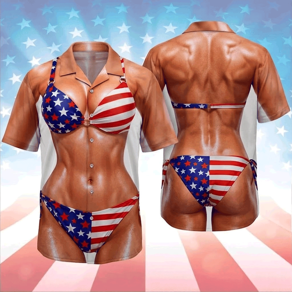 Funny Patriotic Hawaiian Shirt  USA Flag Bikini Body Illusion Aloha Button Down 4th of July Shirt