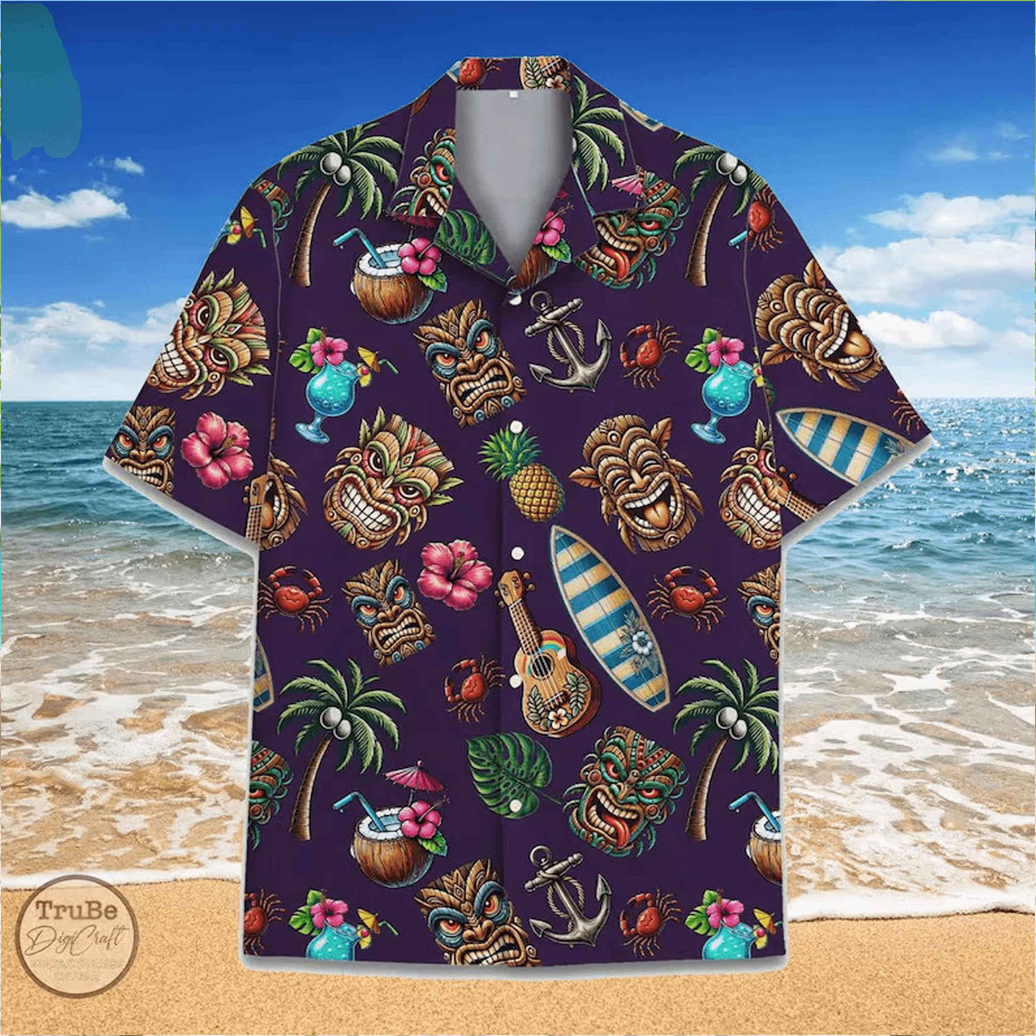 Tropical Tiki Mask Hawaiian Shirt  Aloha Summer Beach Vacation Shirt for Men Women