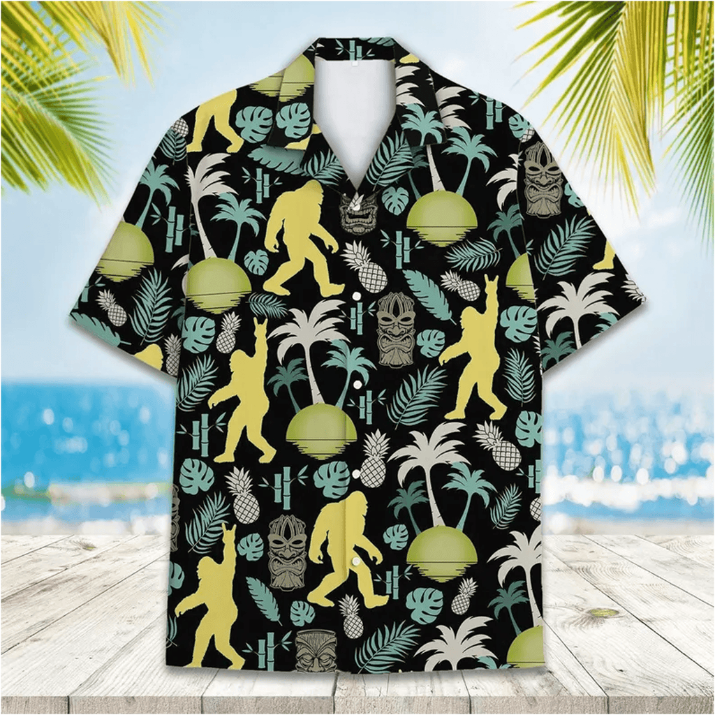 Tropical Bigfoot Tiki Hawaiian Shirt  Sasquatch Aloha Shirt Summer Beach Button Down