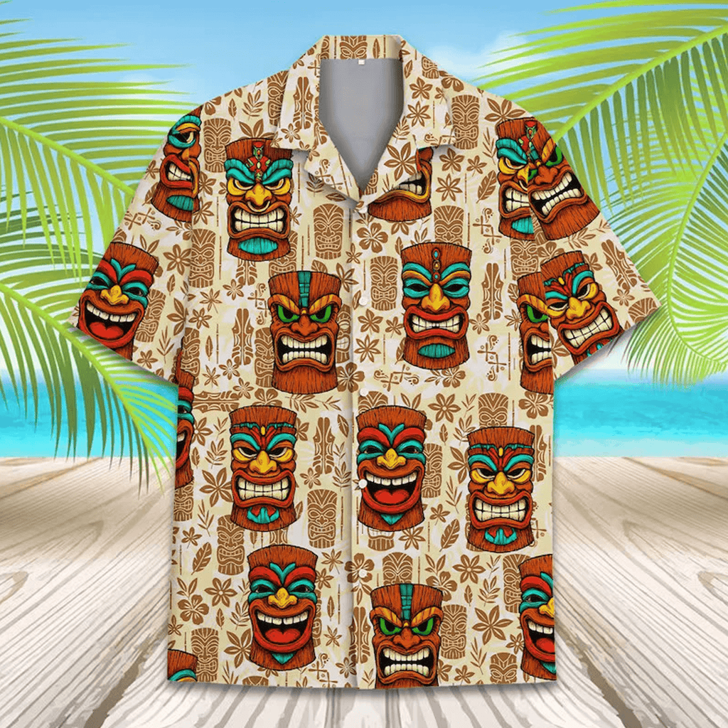 Tiki Mask Hawaiian Shirt  Aloha Beach Vacation Shirt for Men Women Youth Tropical Button Down