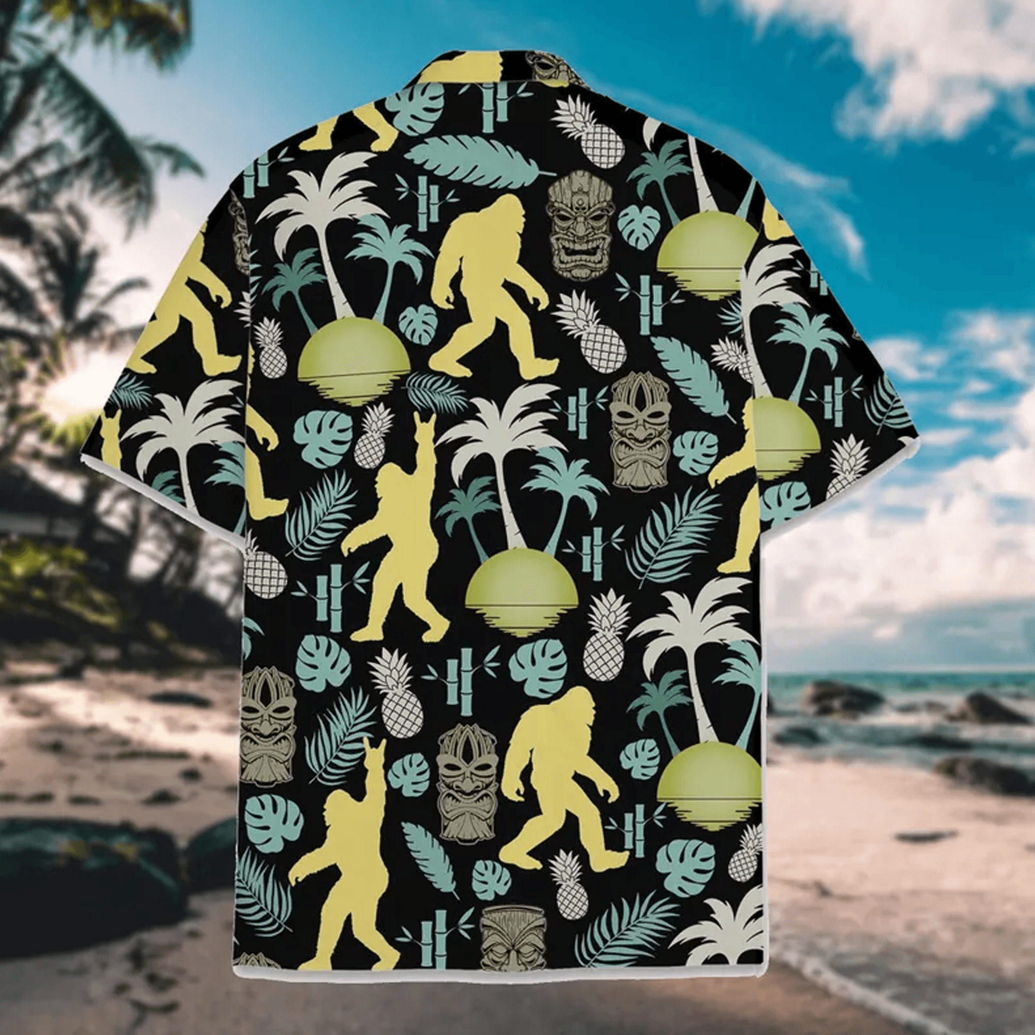 Tropical Bigfoot Tiki Hawaiian Shirt  Sasquatch Aloha Shirt Summer Beach Button Down