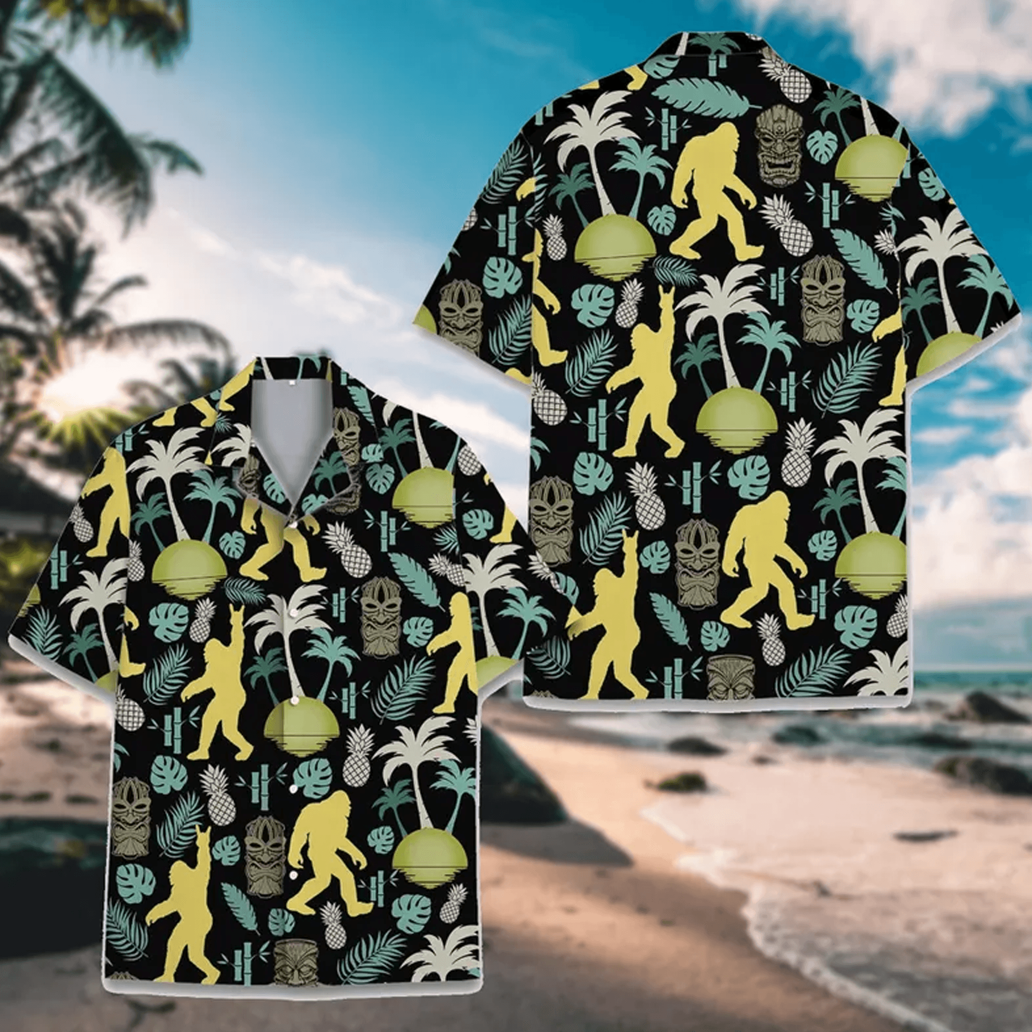 Tropical Bigfoot Tiki Hawaiian Shirt  Sasquatch Aloha Shirt Summer Beach Button Down