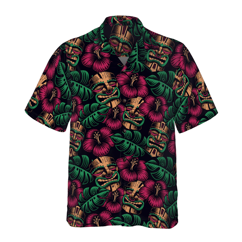 Retro Tiki Mask Hawaiian Shirt  Seamless Pattern Aloha Shirt Funny Tiki Shirt for Men Women