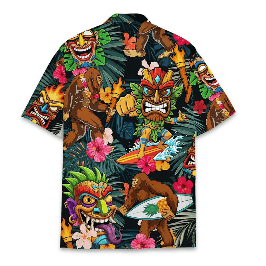 Funny Tiki Bigfoot Hawaiian Shirt  Surfing Sasquatch Aloha Button Up Tropical Luau Party Shirt That Gets Attention