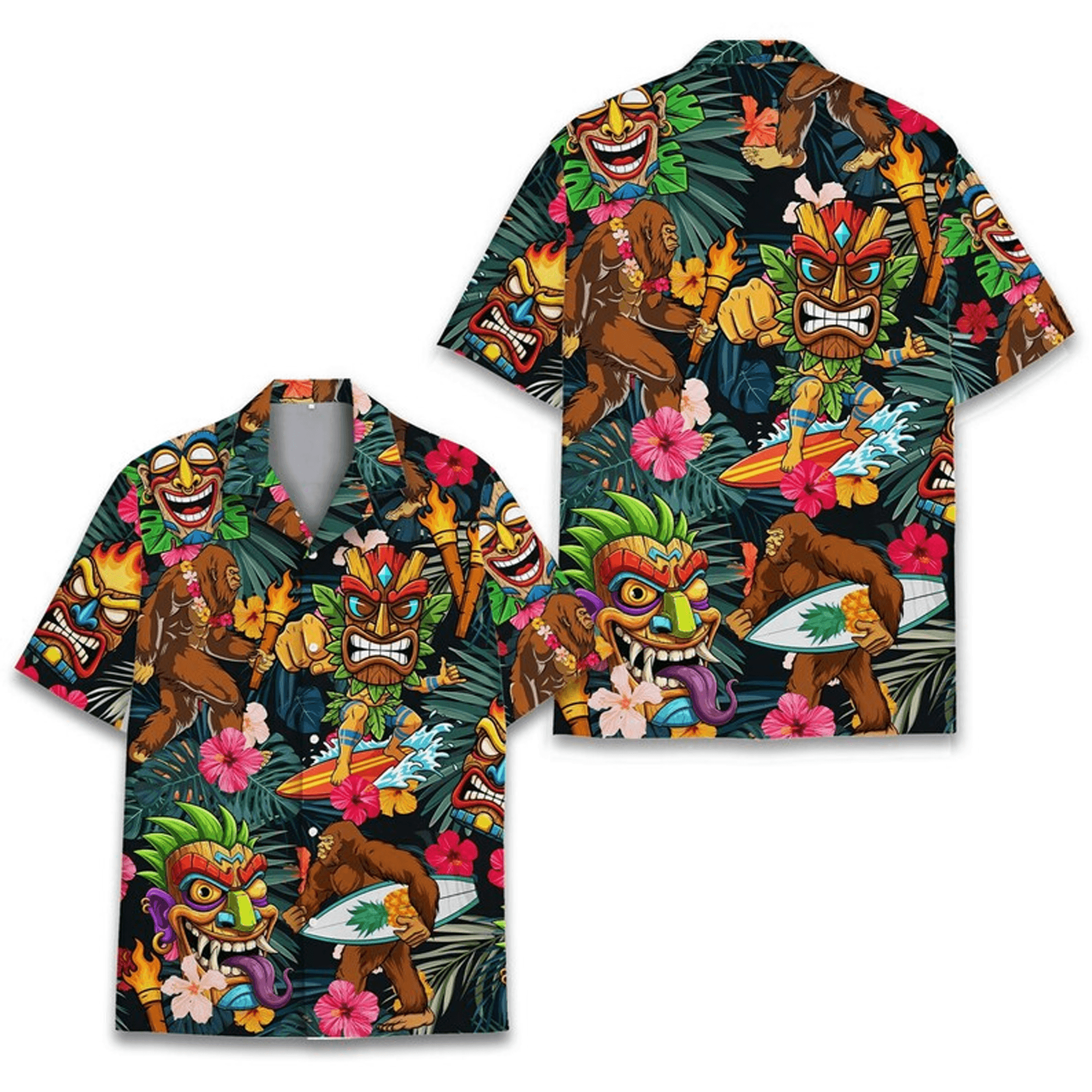 Funny Tiki Bigfoot Hawaiian Shirt  Surfing Sasquatch Aloha Button Up Tropical Luau Party Shirt That Gets Attention