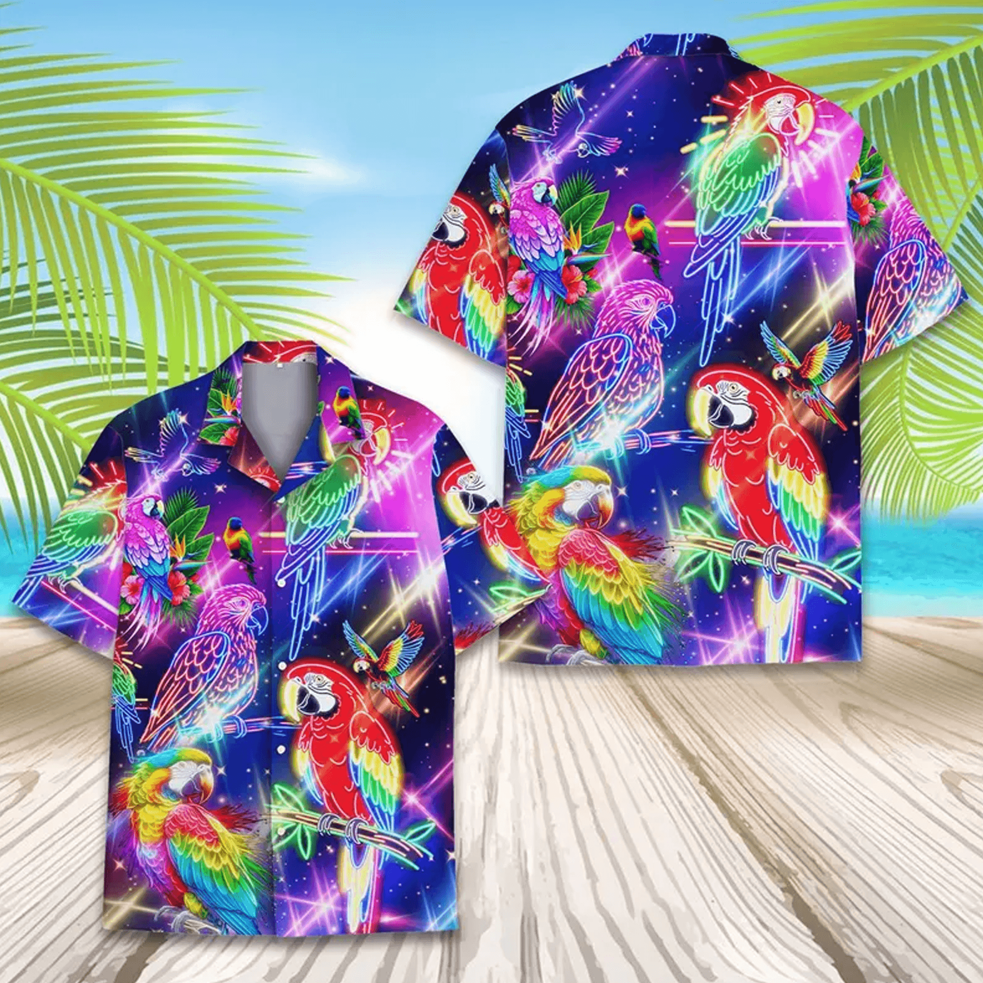 Neon Parrot Hawaiian Shirt  Psychedelic Tropical Bird Aloha Button Down Festival Rave Outfit That Stands Out