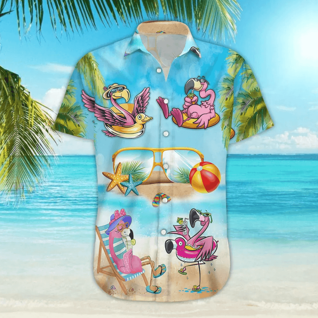 Pink Flamingo Cocktail Hawaiian Shirt  Tropical Aloha Button Down Summer Beach Party Outfit That Gets Compliments