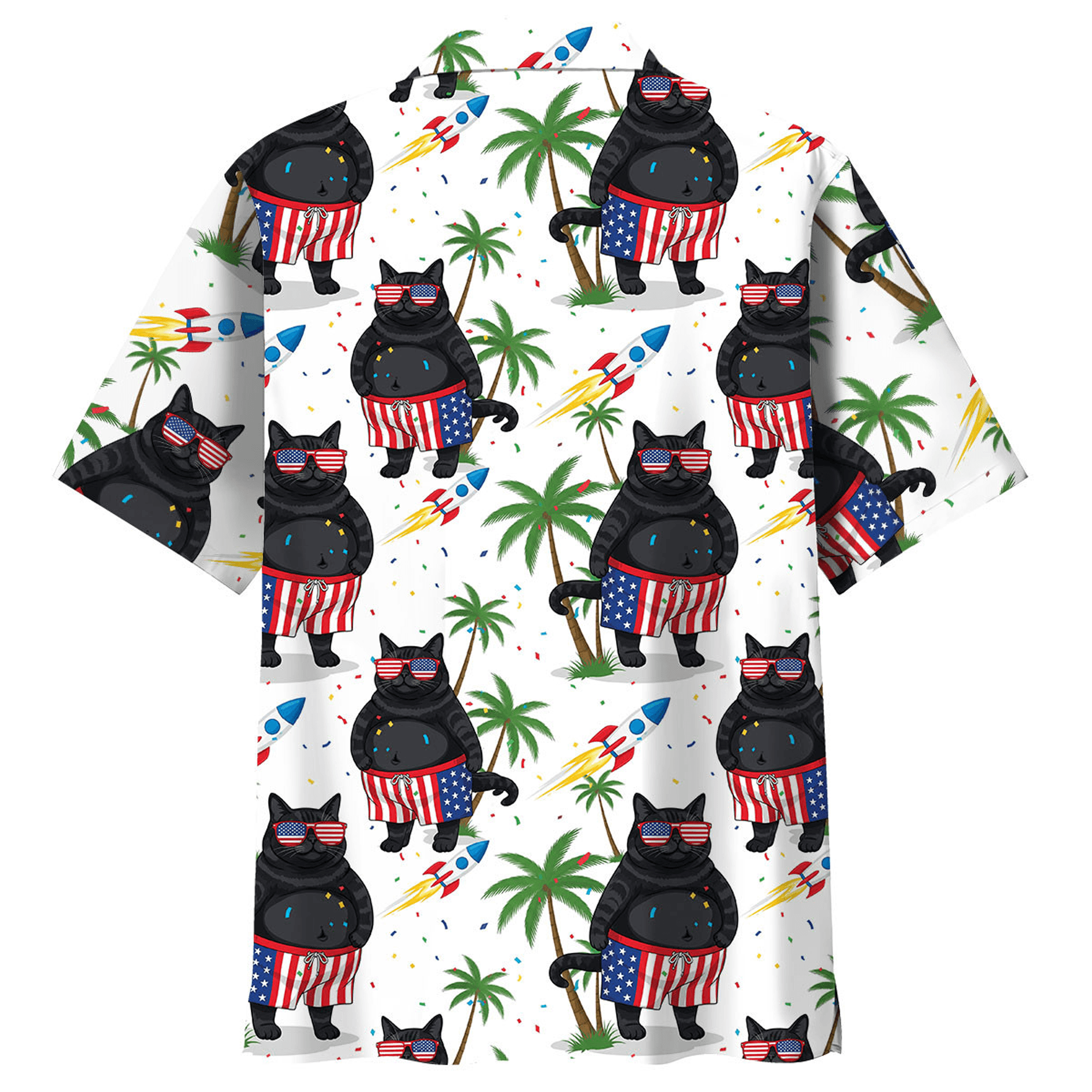 Black Cat Patriotic Hawaiian Shirt  Proud of America Aloha Button Down 4th of July Beach Outfit for Cat Lovers