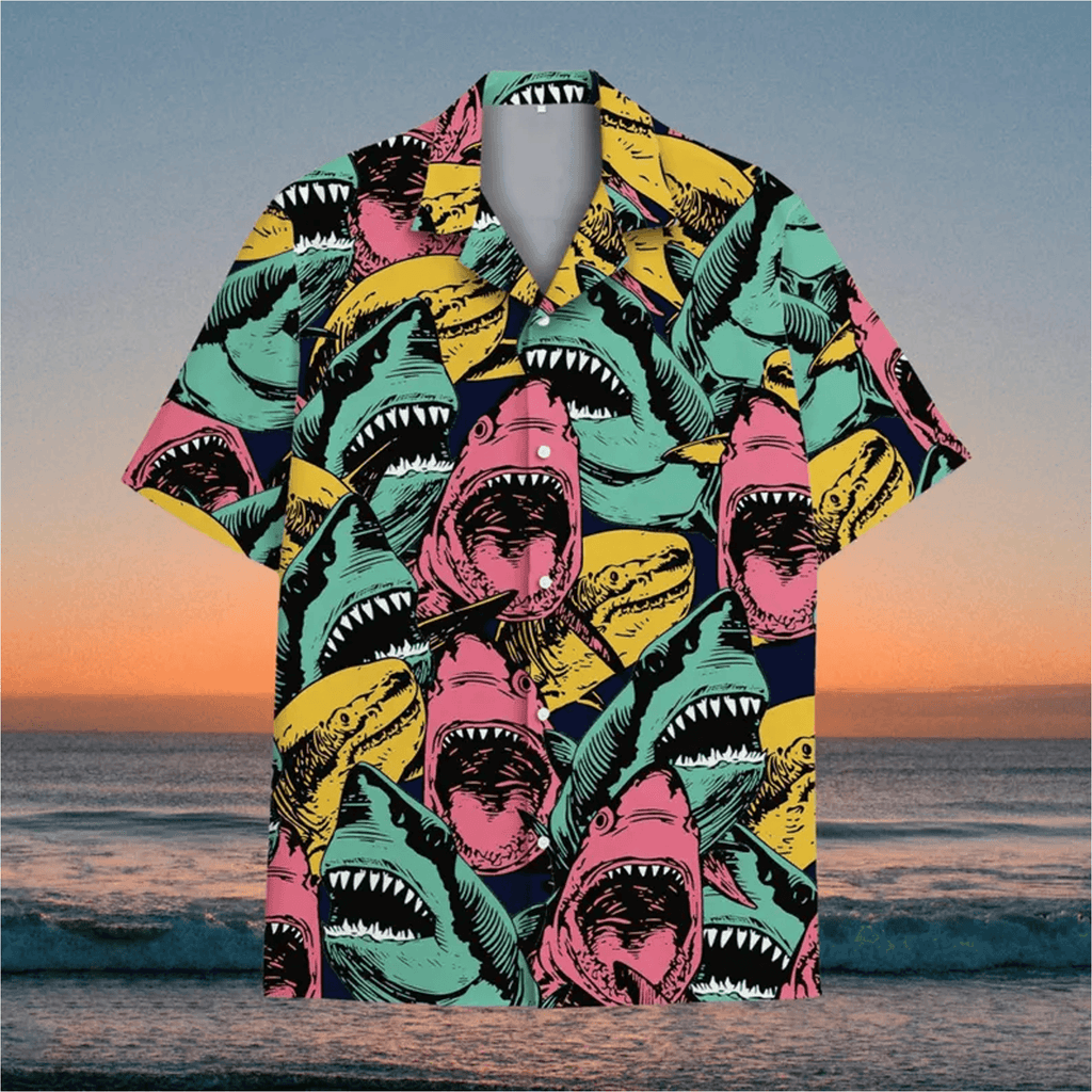 Funny Colorful Shark Hawaiian Shirt  Bright Aloha Button Down Summer Beach Party Shirt That Stands Out