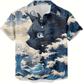 Great Wave Off Kanagawa Black Cat Hawaiian Shirt  Japanese Art Aloha Button Down for Cat Lovers & Art Fans