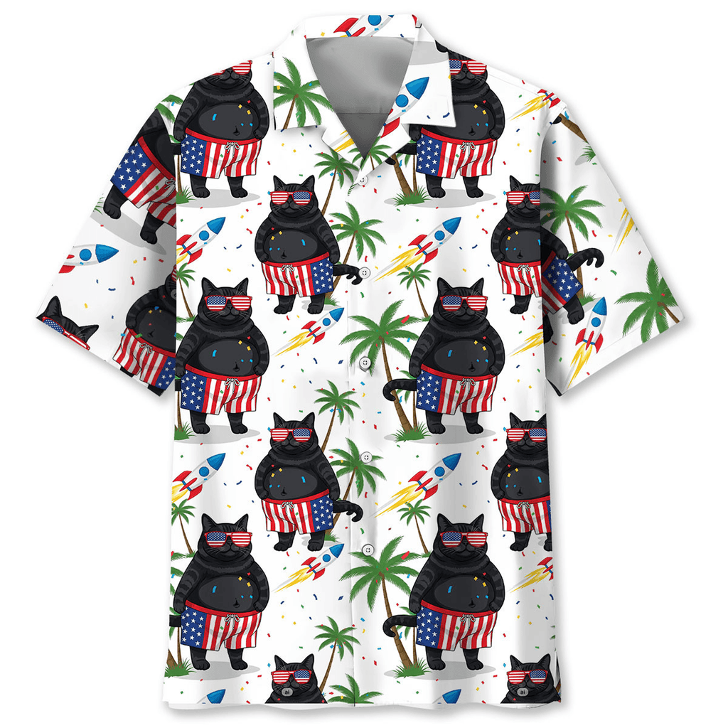 Black Cat Patriotic Hawaiian Shirt  Proud of America Aloha Button Down 4th of July Beach Outfit for Cat Lovers