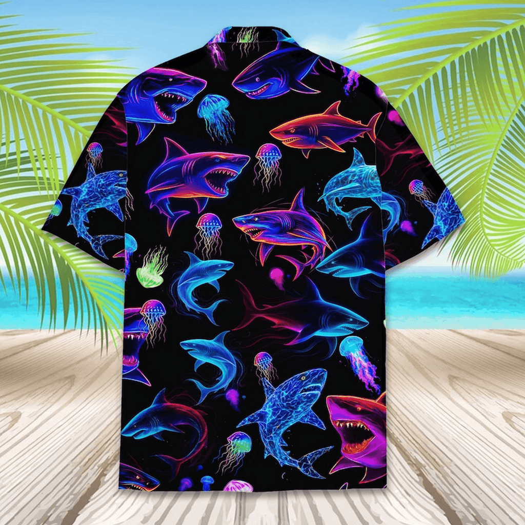 Neon Shark Hawaiian Shirt Cyberpunk Glow Aloha Button Up Festival Rave Beach Shirt That Stands Out