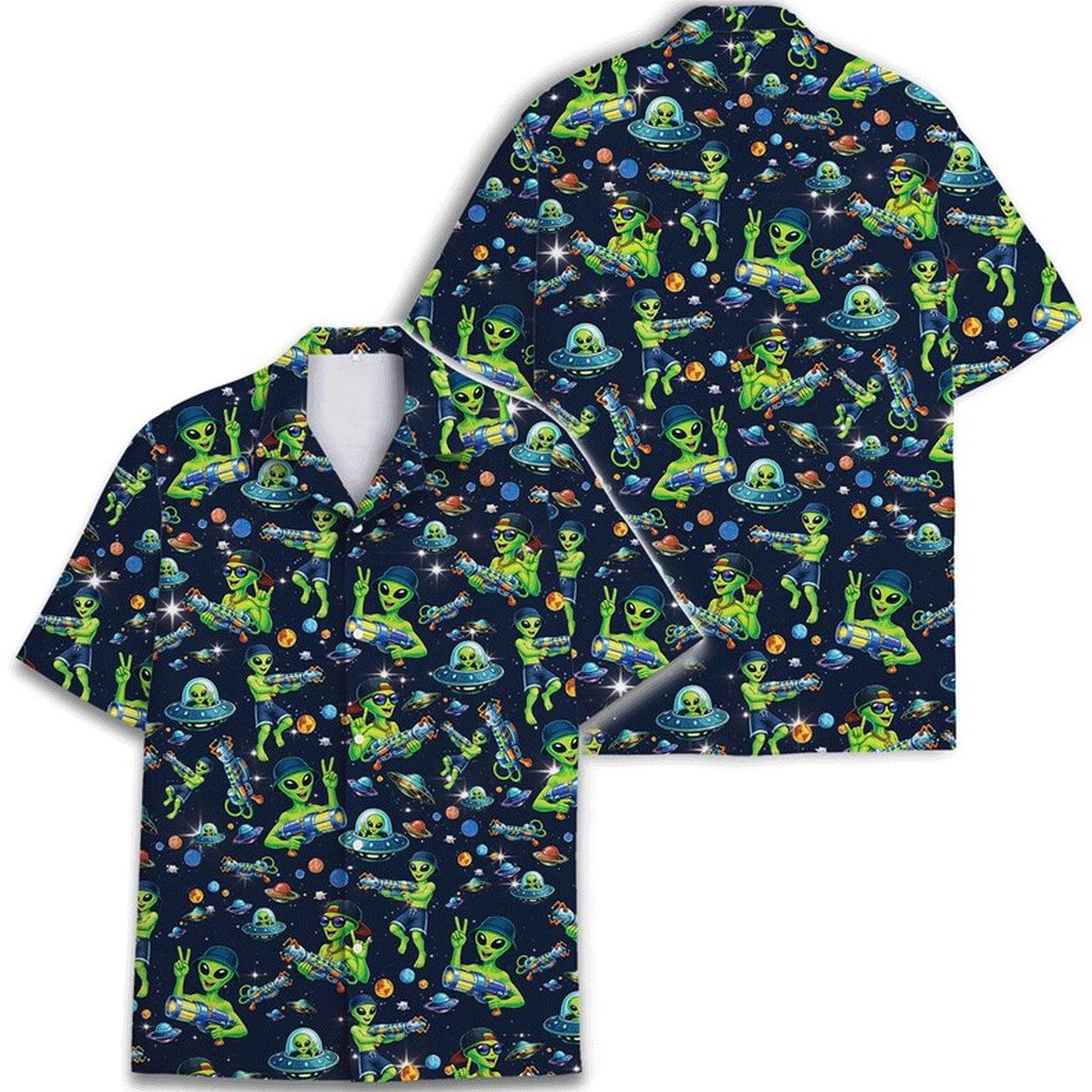 Funny Retro Alien Galaxy Hawaiian Shirt  UFO Aloha Button Down Summer Beach Outfit That Stands Out