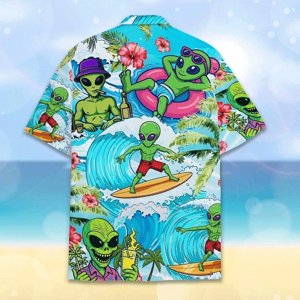 Funny Surfing Alien Hawaiian Shirt Tropical Aloha Button Down Summer Beach Outfit That Stands Out