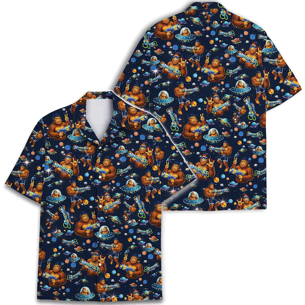 Funny Retro Bigfoot Galaxy Hawaiian Shirt  UFO Aloha Button Down Summer Beach Outfit That Stands Out