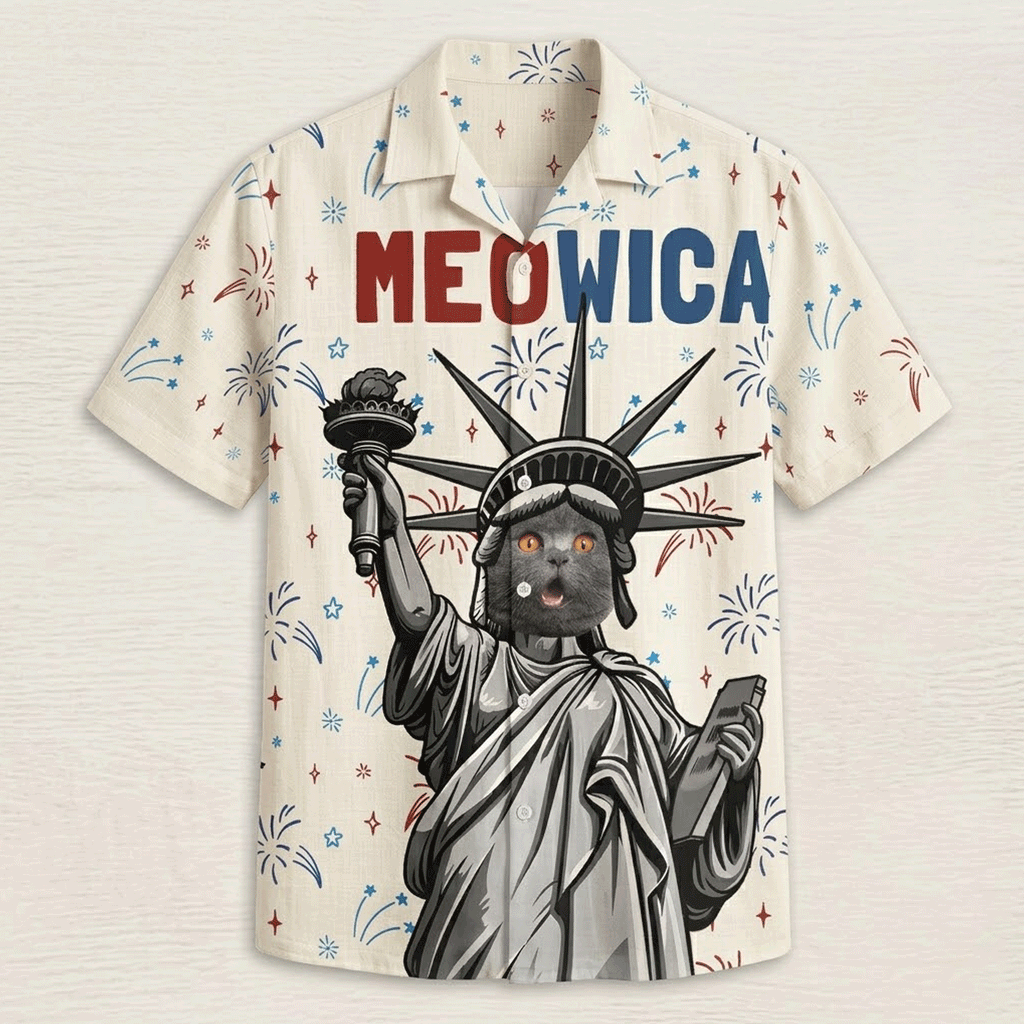 Meowica Personalized Hawaiian Shirt  Custom Cat Photo Aloha Button Down Patriotic Pet Lover Gift