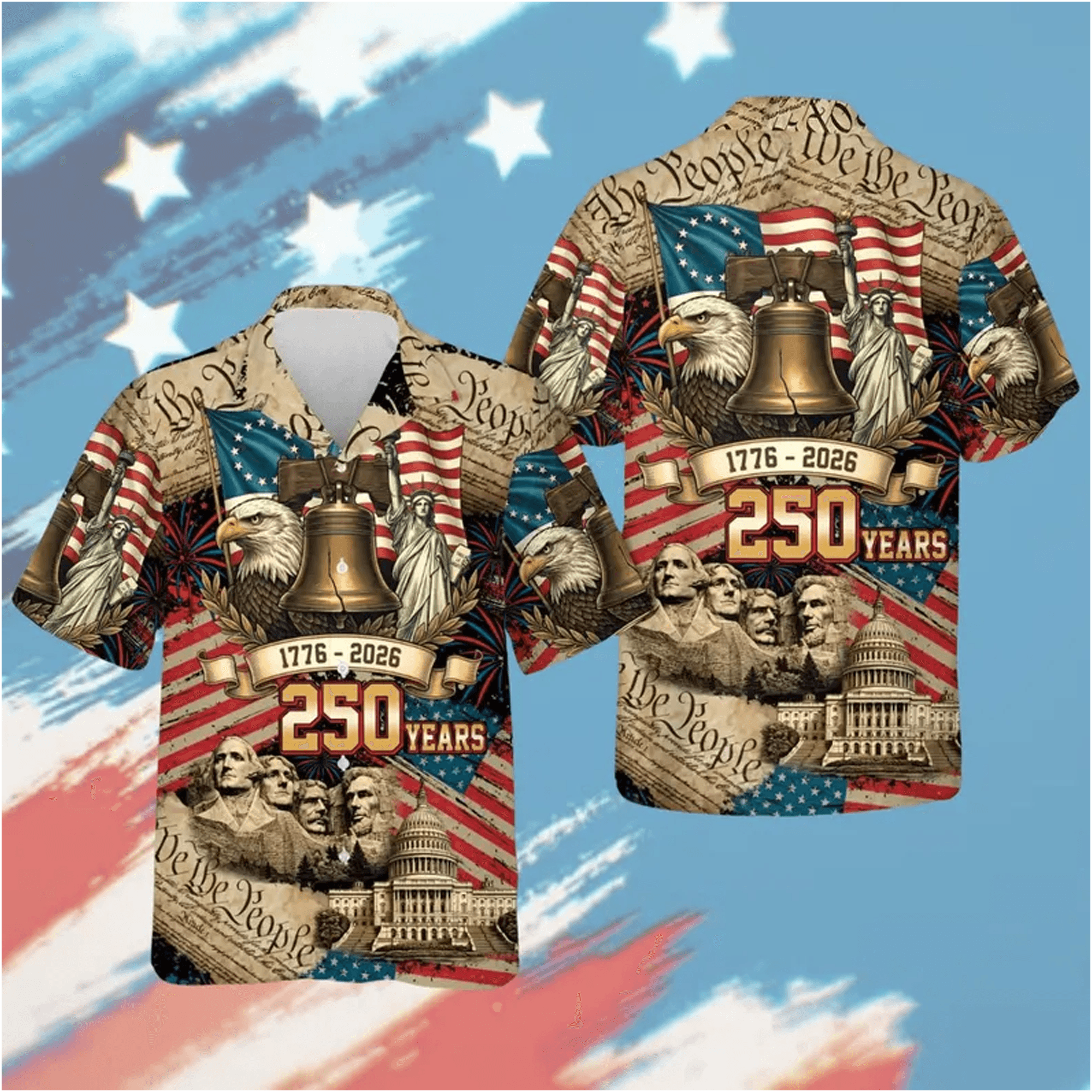 USA 250th Anniversary Hawaiian Shirt Patriotic Eagle Statue of Liberty 4th of July Aloha Shirt