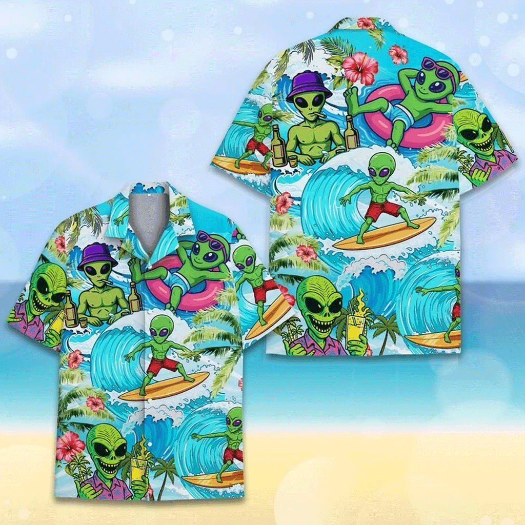 Funny Surfing Alien Hawaiian Shirt Tropical Aloha Button Down Summer Beach Outfit That Stands Out