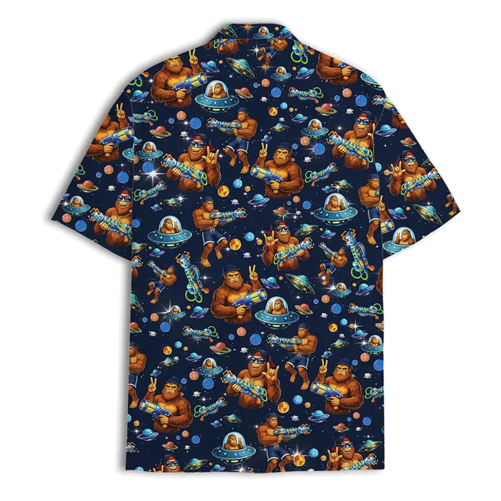 Funny Retro Bigfoot Galaxy Hawaiian Shirt  UFO Aloha Button Down Summer Beach Outfit That Stands Out