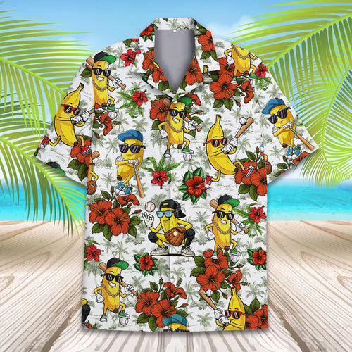 Banana Baseball Hawaiian Shirt, Funny Tropical Fruit Aloha Shirt for Men Women Youth, Summer Beach Vacation Button Up