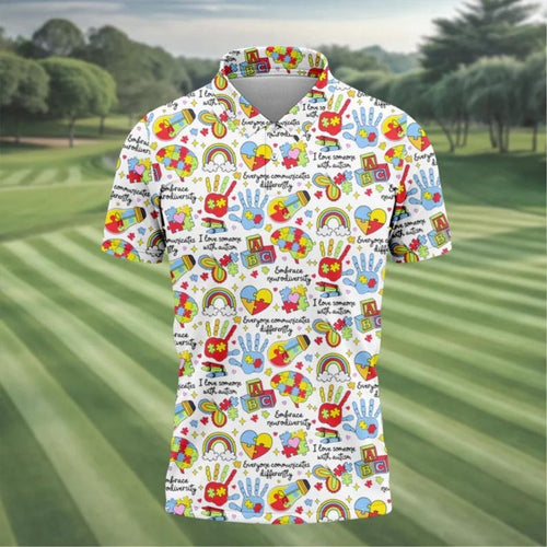 Autism Awareness Golf Shirt for Men – I Love Someone with Autism Puzzle Polo, Colorful Puzzle Piece Golf Shirt, Autism Support Gift for Golfer