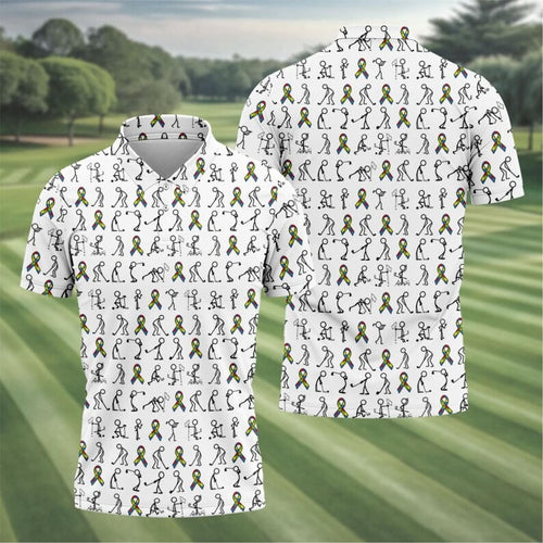 Autism Awareness Golf Polo Shirt for Men, Stick Figure Golf Pose with Autism Ribbon, Colorful Awareness Golf Shirt